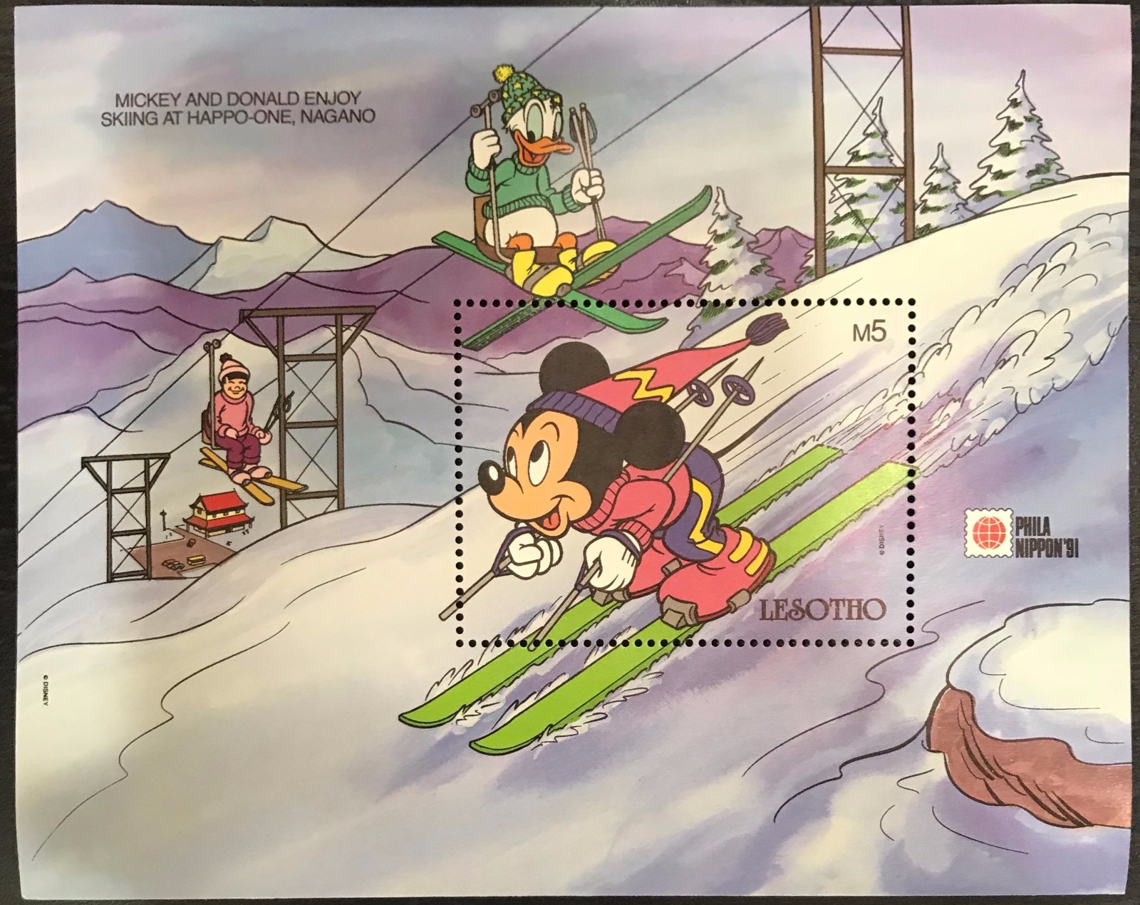 Lesotho- Disney Mickey & Donald Skiing Stamp- Souvenir Sheet