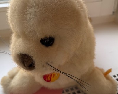 Steiff Tier Robbe Baby Seehund Issy mit Knopf Fahne Brustschild