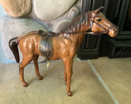 Vintage Leather Wrapped Horse Statue Equine Sculpture Art English Saddle 12
