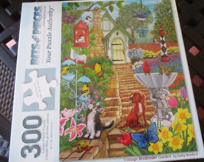 300 Piece Kathy Bambeck Art Puzzle ''Vintage Birdfeeder Garden'' New 18'' x 24''