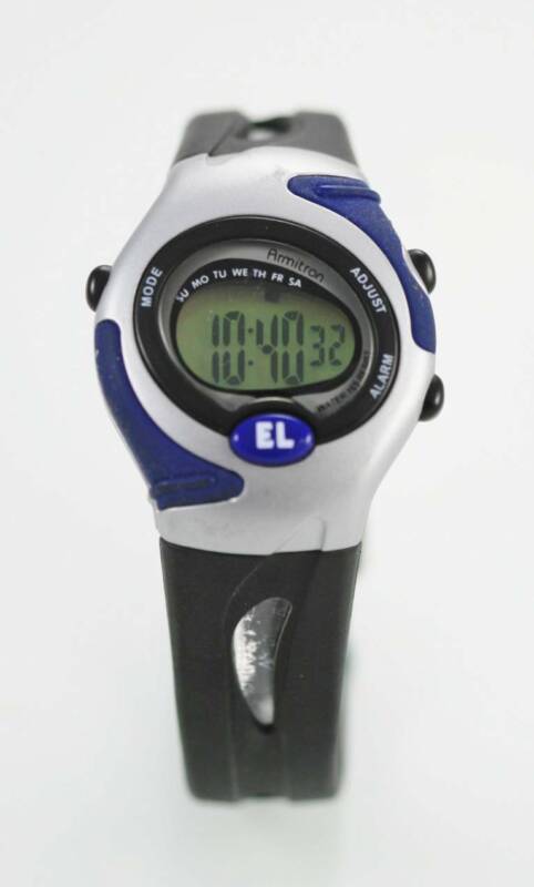 Armitron Watch Womens Silver Plastic Black Rubber Date Light Alarm Stop Quartz | eBay