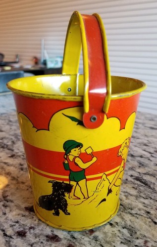 VINTAGE TIN LITHO SAND PAIL 1920s SEASIDE BEACH SCOTTIE DOG SANDCASTLES KIRCHHOF