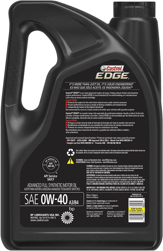 Castrol EDGE Euro 0W-40 A3/B4 Advanced Full Synthetic Motor Oil, 5