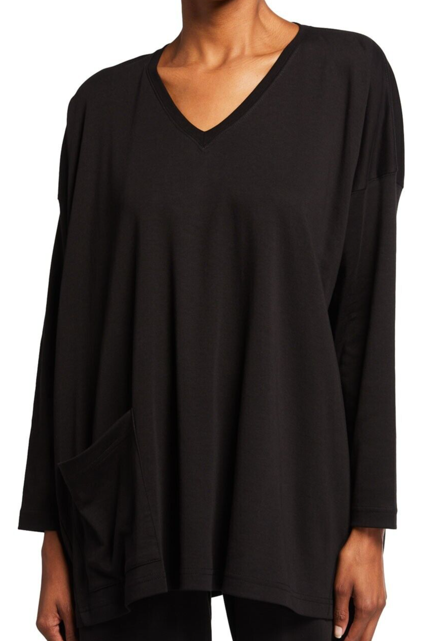 Pre-owned Eskandar Black V-neck Mid Weight Pima Cotton 32" Long Top W/pocket O/s