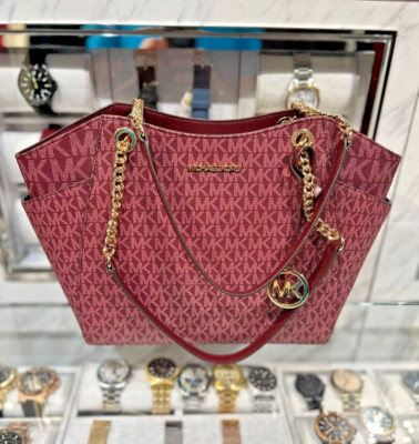 Michael Kors Jet Set Travel Large MK Logo Chain Strap Shoulder Tote Bag(Oxblood)