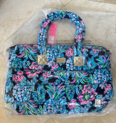 Lilly Pulitzer Polly Puffer Tote Bag NWT Navy Pineapple Paradise