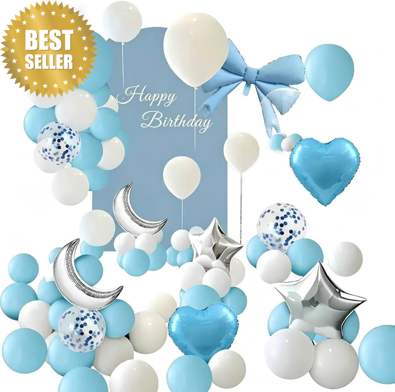 Blue White Silver Balloon Garland Kit, 51 Piece with Bow, Heart, Star and Moon F