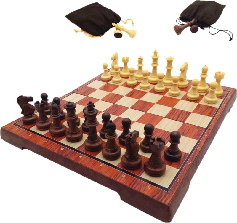 Wooden Chess Set 15”x15” Wood Board Hand Carved Crafted Pieces Made Folding Game