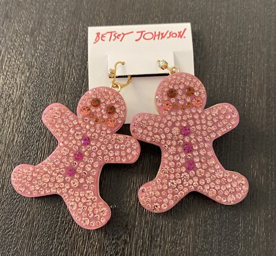 Betsey Johnson Holiday Pink Crystal Gingerbread Cookie Earrings Christmas Dangle