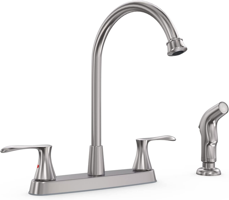 Brushed Nickel Kitchen Faucet with Side Sprayer, Two Handle High Arc 4 Holes 8 I