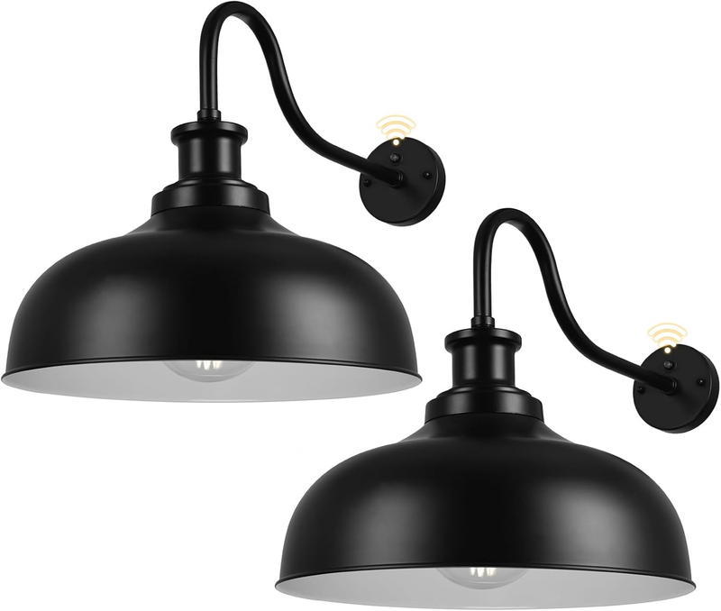 Dusk to Dawn Outdoor Gooseneck Barn Light,16 Inch Dome Outdoor Wall Sconce Farmhouse Exterior Wall Mount Light Vintage Wall Lighting Fixture Industrial Black Wall Lantern for Porch, 2 Pack