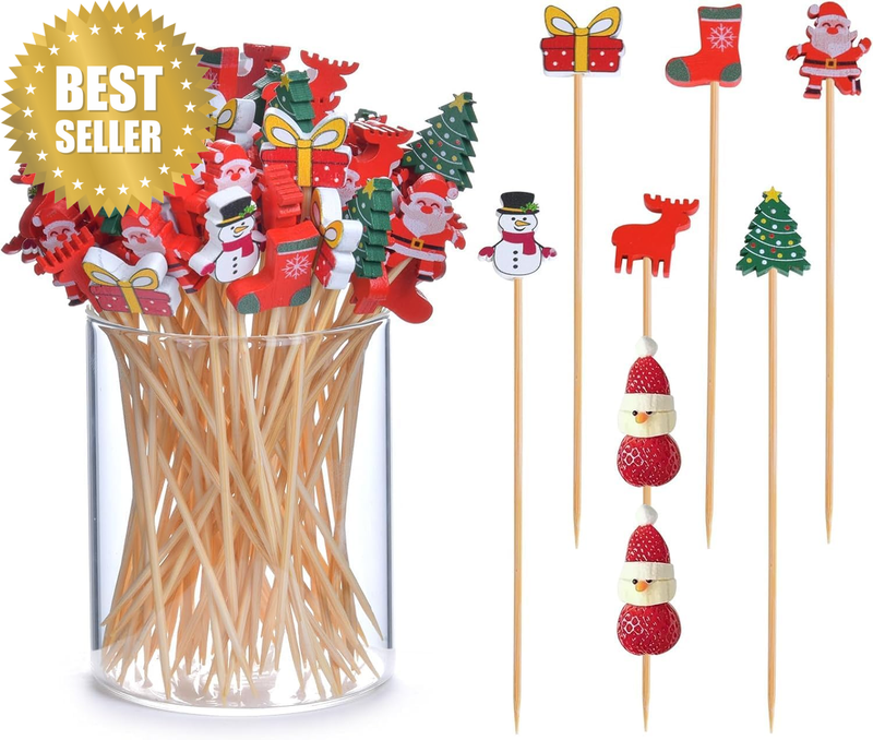 100 Pack Christmas Toothpicks for Appetizers, 4.7 Inch Natural Bamboo Cocktail P