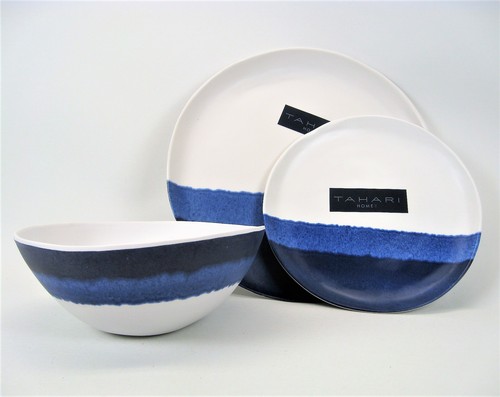 Tahari Melamine 12 Piece Set Dinner Salad Plates Bowls Blue Watercolor Stripe