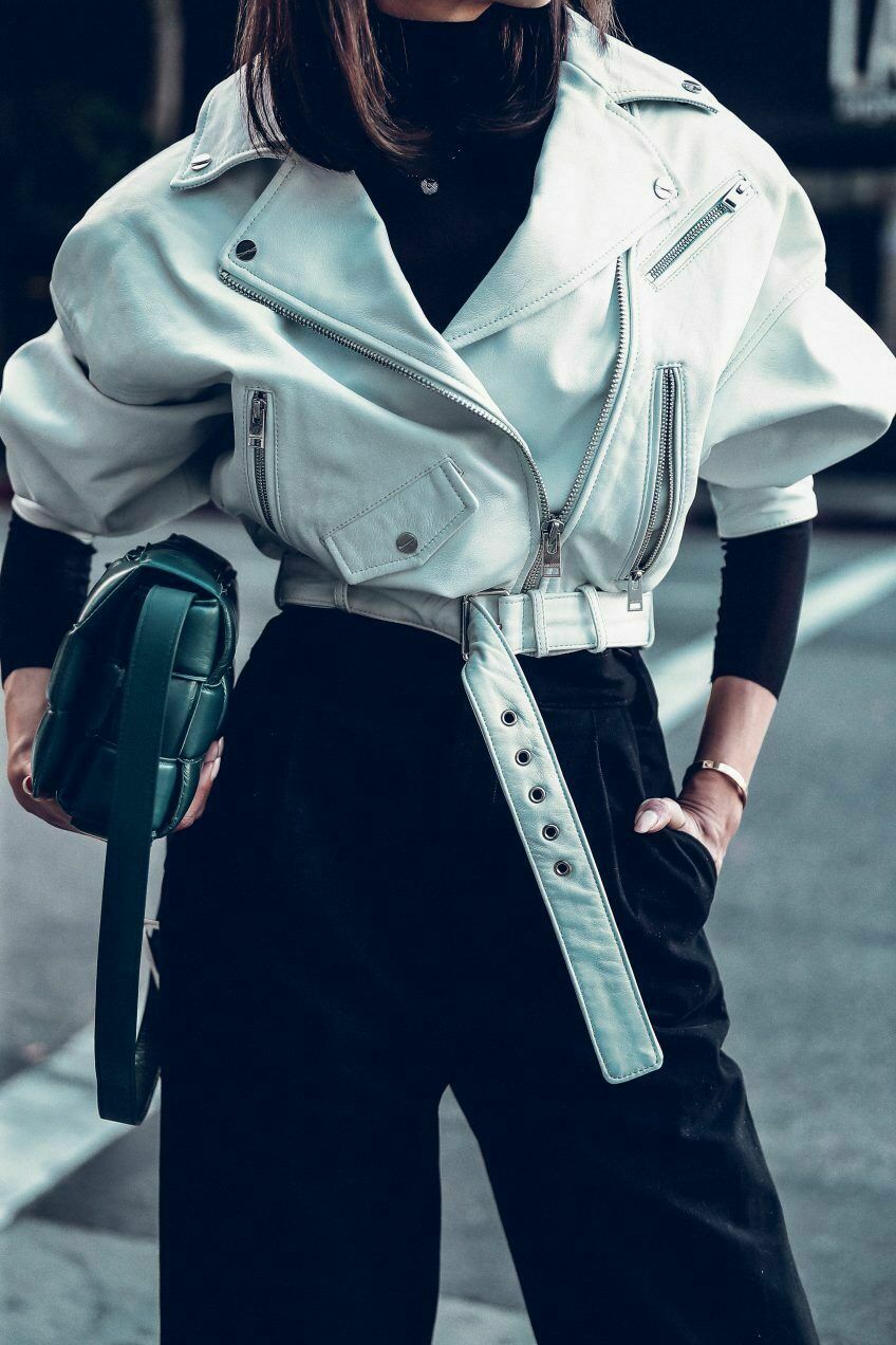 Oversize White Leather Jacket Moto Cropped Belted Soft