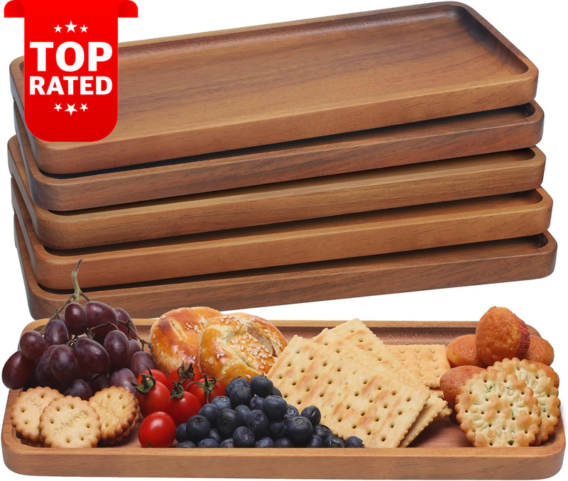 Solid Acacia Wood Serving Tray Set 14x5.5 Rectangular Platter Mini Cheese Board