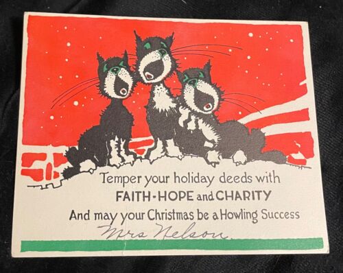 Unique Cats Vintage Christmas Card Faith Hope & Charity 1950s Howling Success