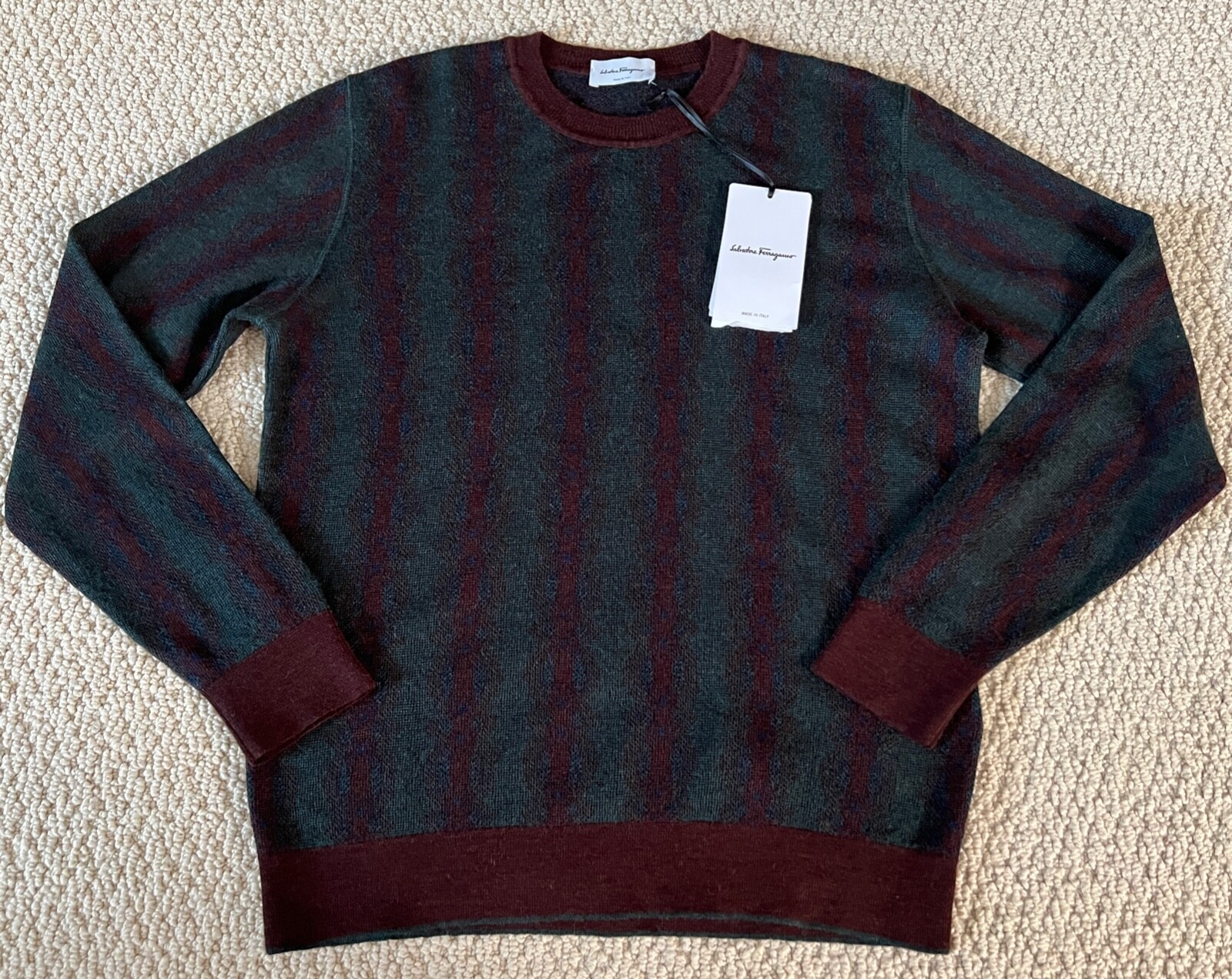 NWT Salvatore Ferragamo Spruce Green Burgundy Striped