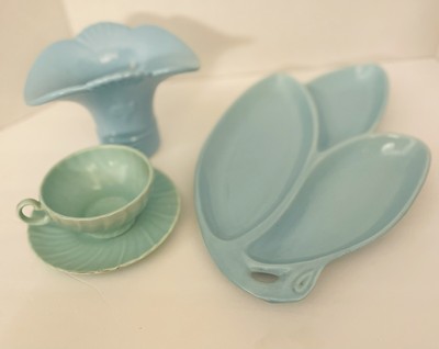 VTG USA MCM Art Pottery Lot of  3 Turquoise Leaf Dish, Flower Vase, Cup Saucer