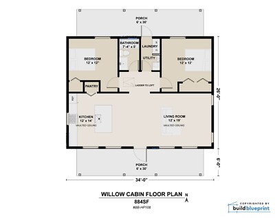 Modern 26' x 34' Willow Cabin Architectural Plans  - PDF Download