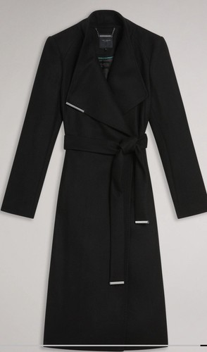 Pre-owned Ted Baker Wmo-sandra Midi Wool Wrap Coat In Black 2 Us