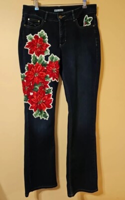 Women's Upcycled Custom Christmas Jeans Poinsettia Cat Wearable Art Size 14 Med