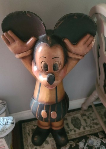 アンティークWALT DISNEY'S MICKEY MOUSE 木彫りポスター Vintage Disney Mickey Mouse Skiing Intarsia Wood Carved Wall
