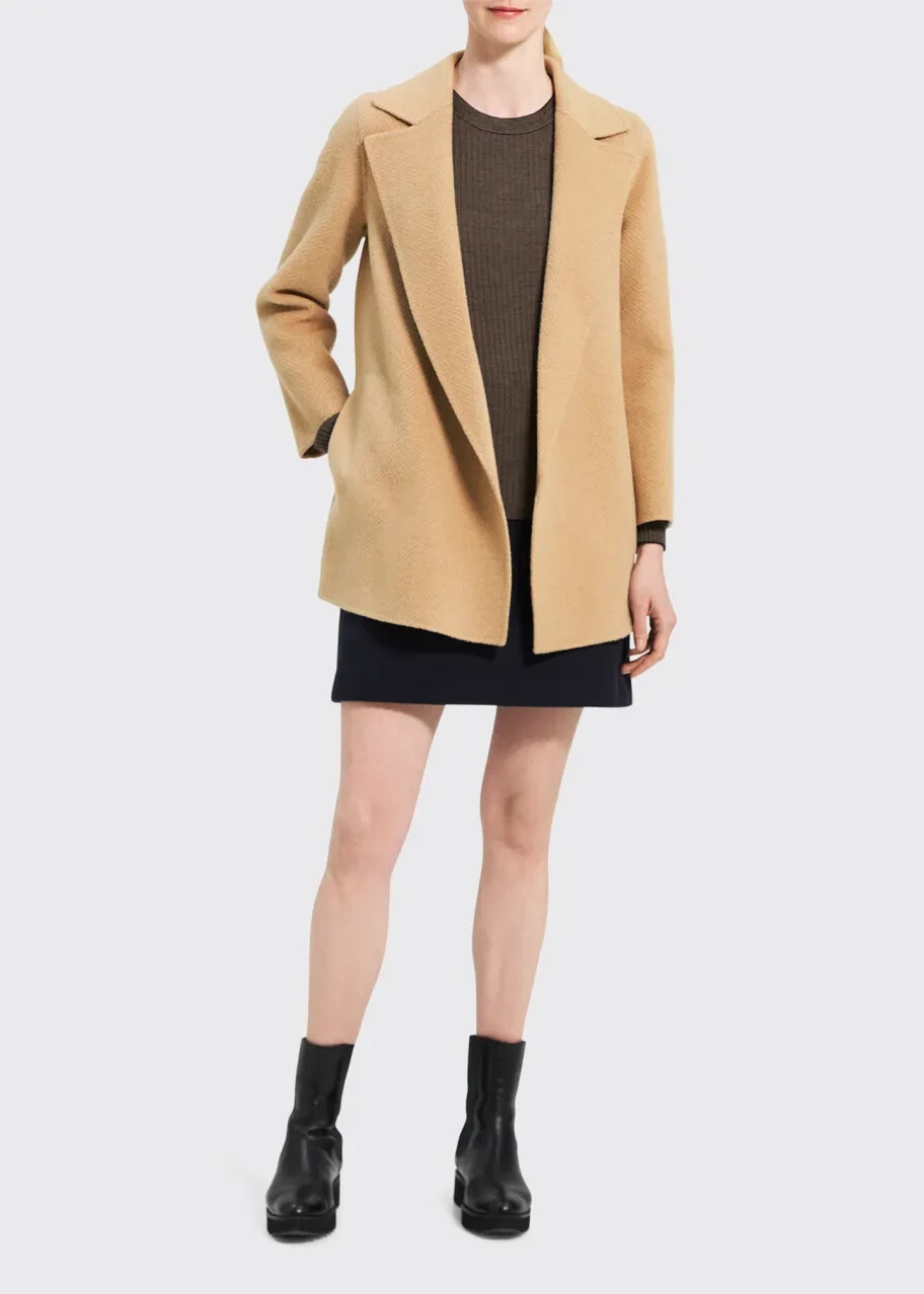 Pre-owned Theory Clairene Chevron Wool Coat Women's L Palomino Open Front Long Sleeve