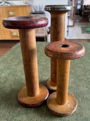3 Vintage Industrial Wooden Bobbins Spools Wood Metal