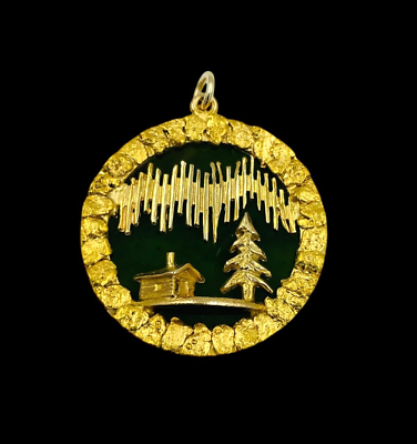 10k Yellow Gold Natural Jade Alaskan Gold Nugget Cabin Pendant