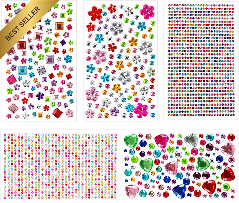 2000 Pcs Gem Stickers, Rhinestone Stickers for Creative Crafts, Set of Five Shee