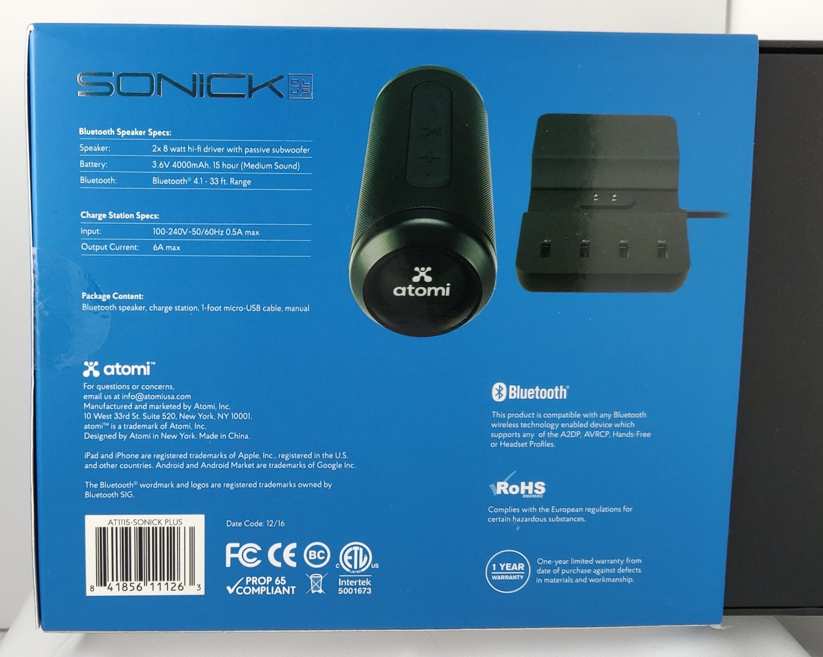 Atomi Sonick Plus Portable Charger Hub with Removable Bluetooth Speaker Black