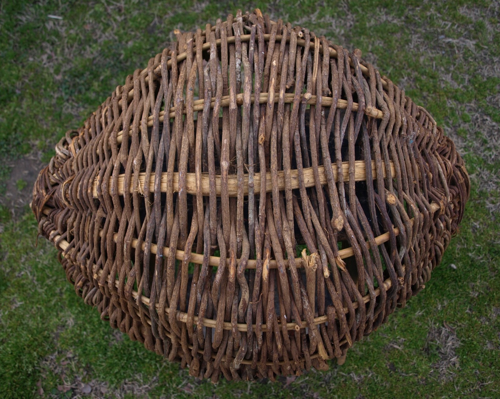primitive gathering stick basket signed E.