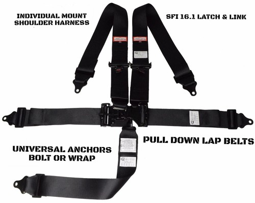 OFF ROAD RACING HARNESS SFI 16.1 LATCH & LINK ROLL BAR MOUNT BELT 5 POINT BLACK