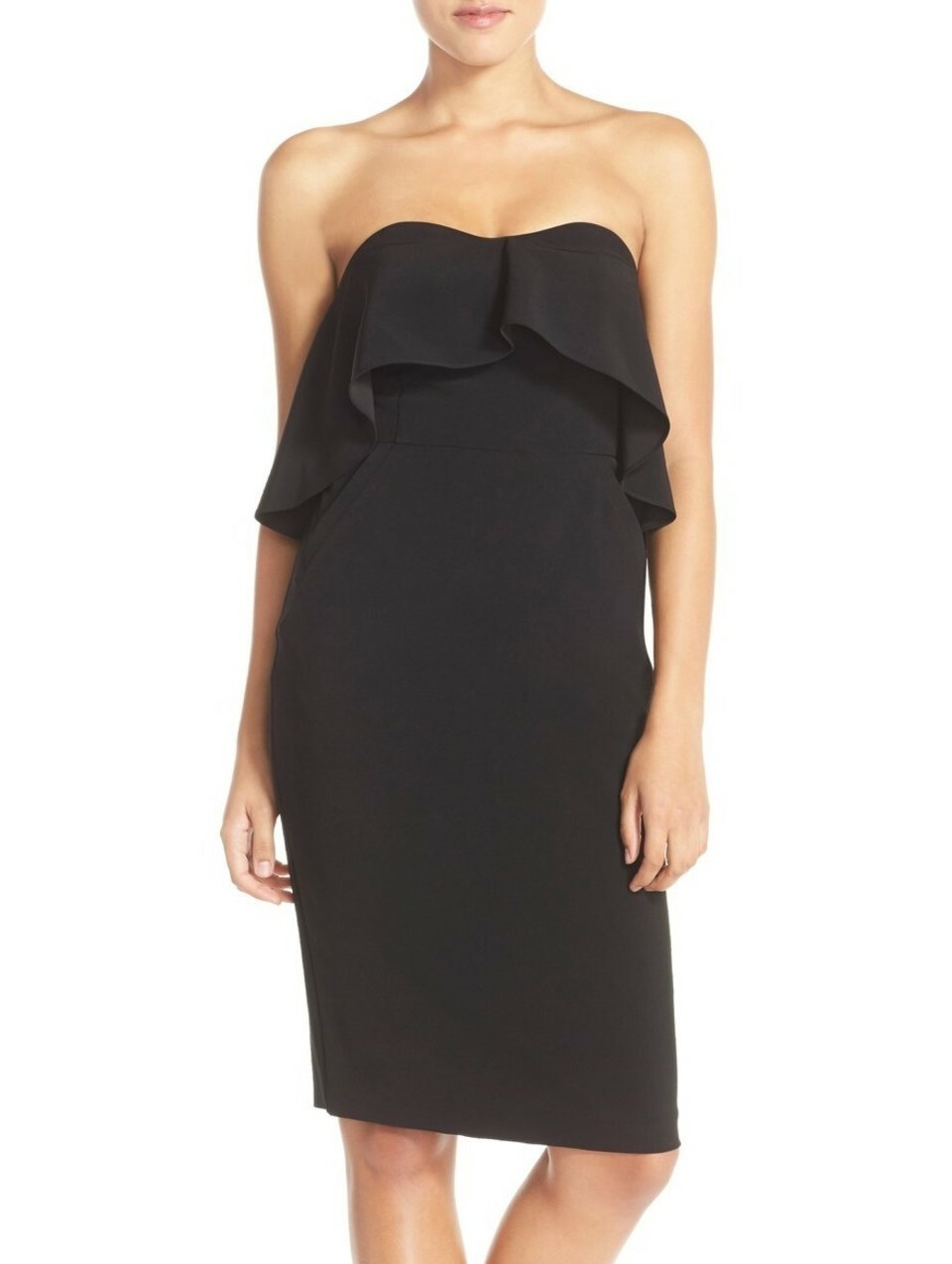 Chelsea28 Ruffle Strapless Stretch Crepe Sheath Dress Sz. 4 (Black) 151800