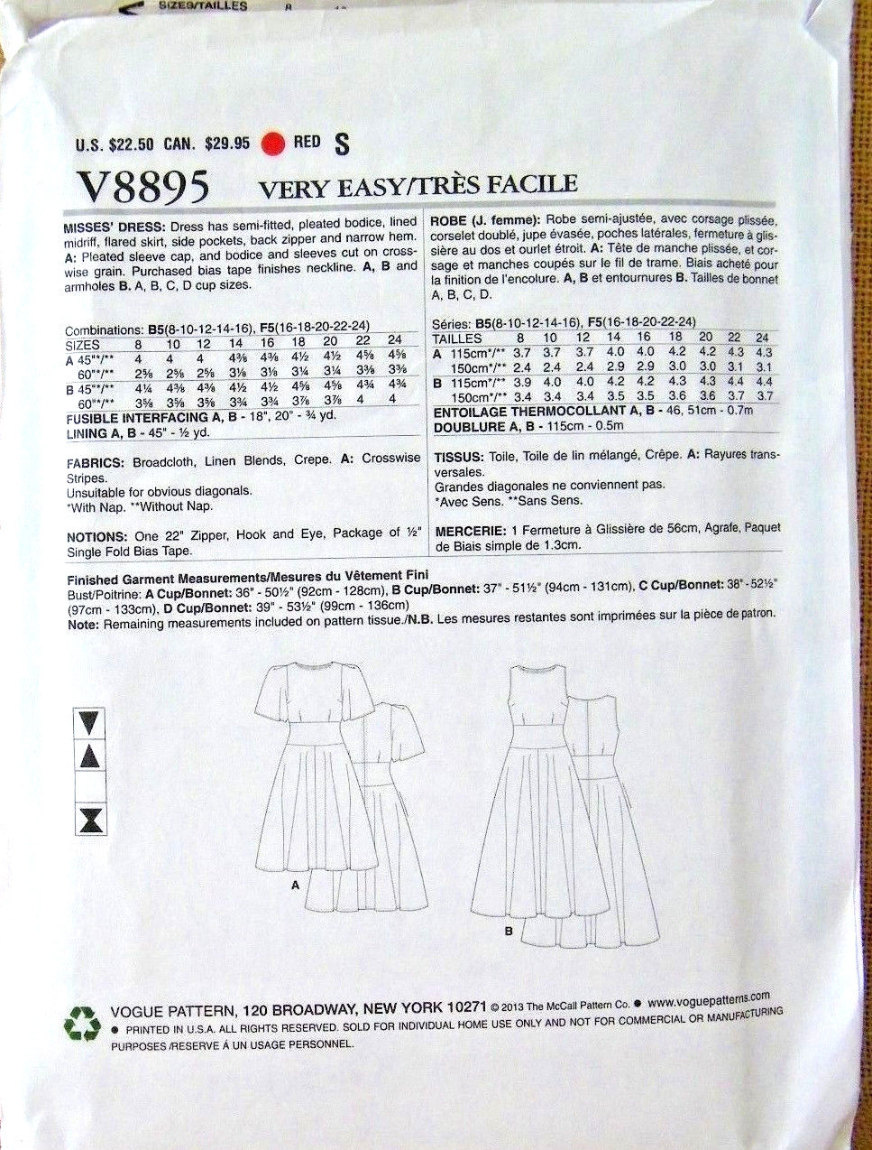 Vogue V8895 Misses Dresses Sizes 16-24 Very Easy Sewing Pattern U/C FF