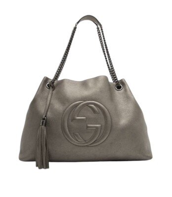 GUCCI Soho Leather Chain Tote Bag Metallic Pewter Interlocking G