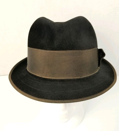 Vintage Stetson Premier Felt Fedora Hat Black w/ Brown Trim Medium 22