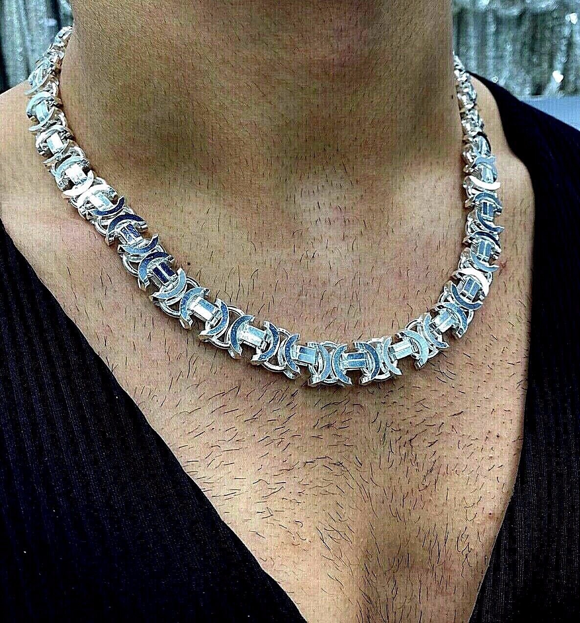 Pre-owned Handmade Mens Flat Byzantine Necklace King Chain 925 Sterling Silver 13mm 152gr 22"