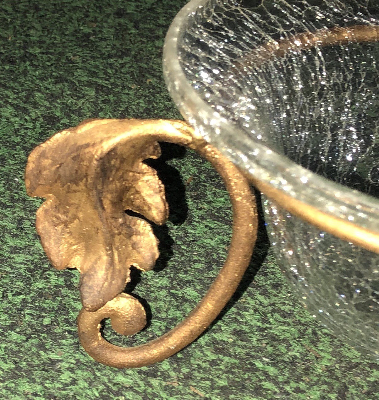 Vintage Large Crackle Glass Bowl w/ Brass 3-Sided Leaf Stand Exquisite!