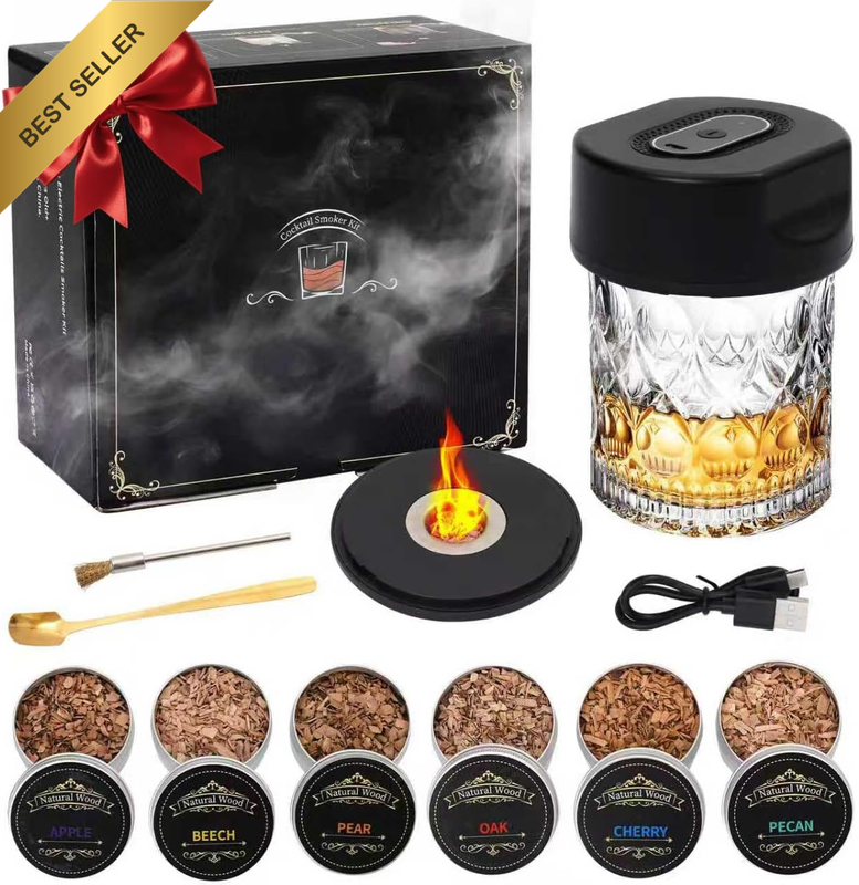 Electric Whiskey Smoker Kit 6 Wood Chips Rechargeable Cocktail Set Gift
