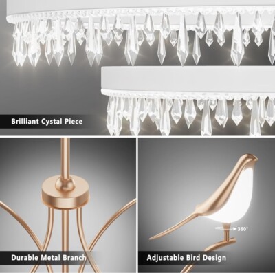 OUQI 24  Rose-gold Crystal Chandelier for Dining Room Modern Round Hanging Birds