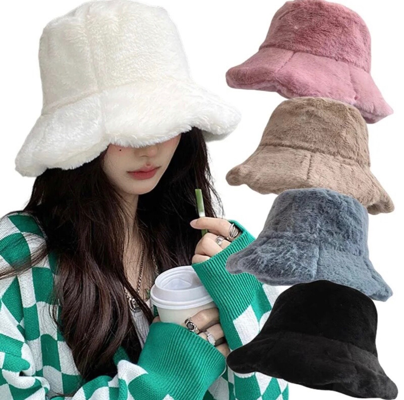 Wide Brim Fluffy Fisherman Faux Fur Cap