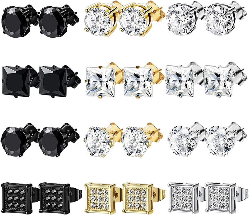 NEWITIN 12 Pairs Stainless Steel 5A+ Cubic Zirconia Stud Earrings for Men
