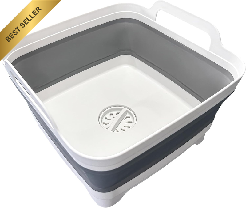 Collapsible Dish Tub, 9L (2.4 Gal) Kitchen Sink with Drain Plug & Handles, Porta