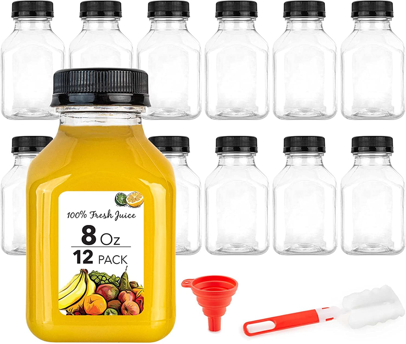 8 Oz Juice Bottles with Caps for Juicing (12 Pack) Reusable Clear Empty Plastic