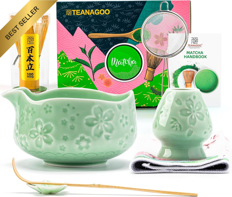 7-PCS Cyan Matcha Whisk Set with Cherry Blossom Design, Complete Ceremony Kit, C