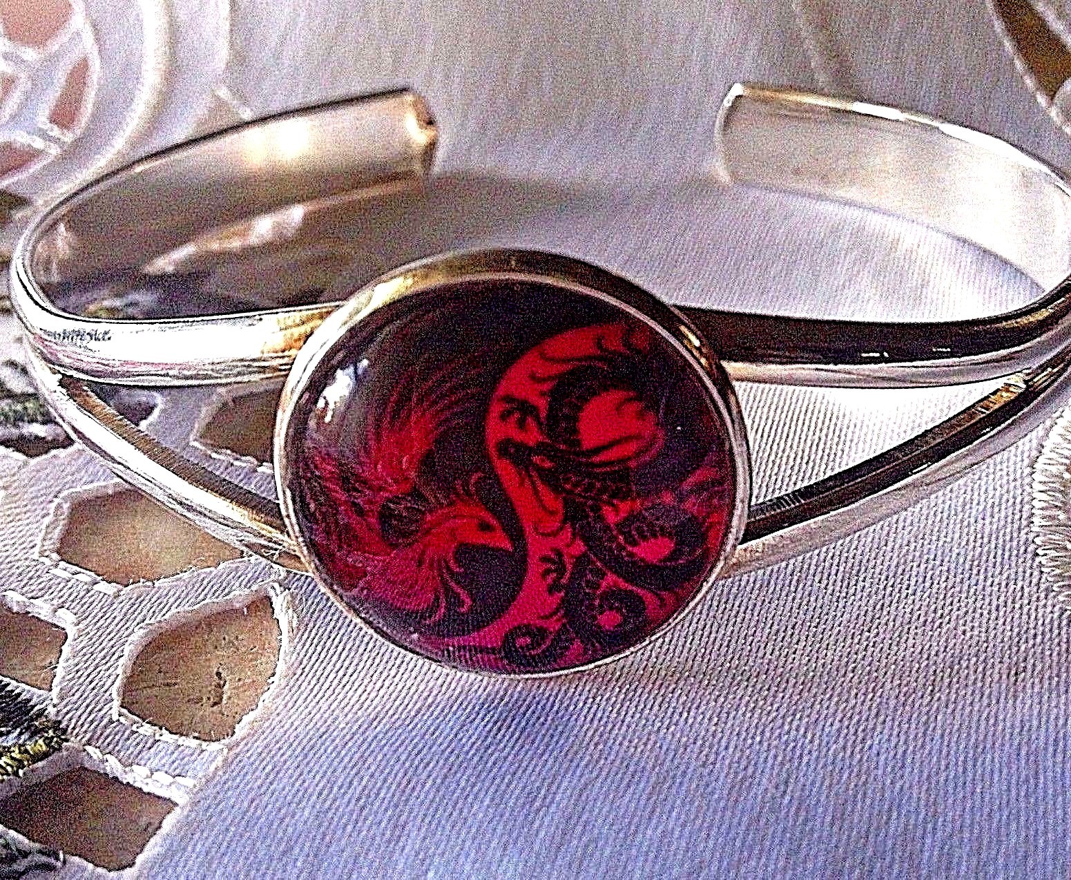 DRAGON PHOENIX yin/yang design silver plated CUFF BRACELET