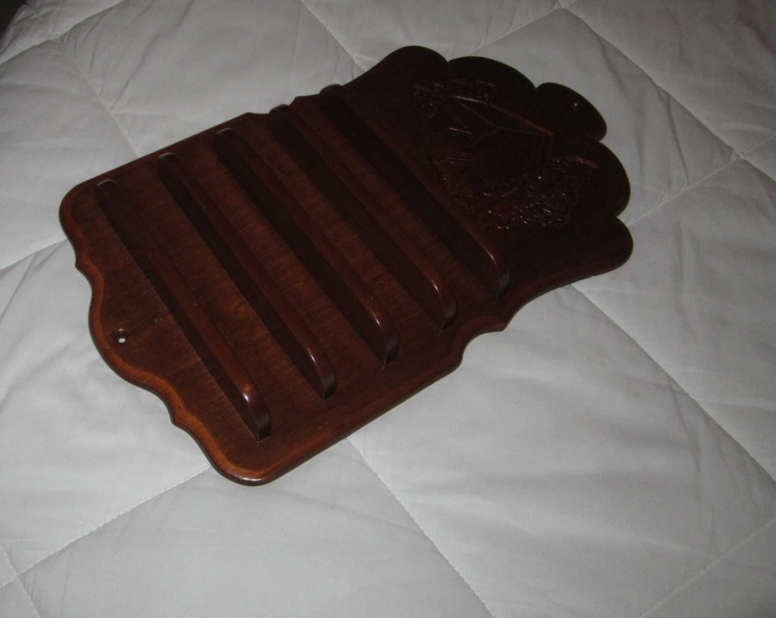 Carved Wood 35 Thumb Thimble Wall Rack Holder Display Etched Water Mill Scene