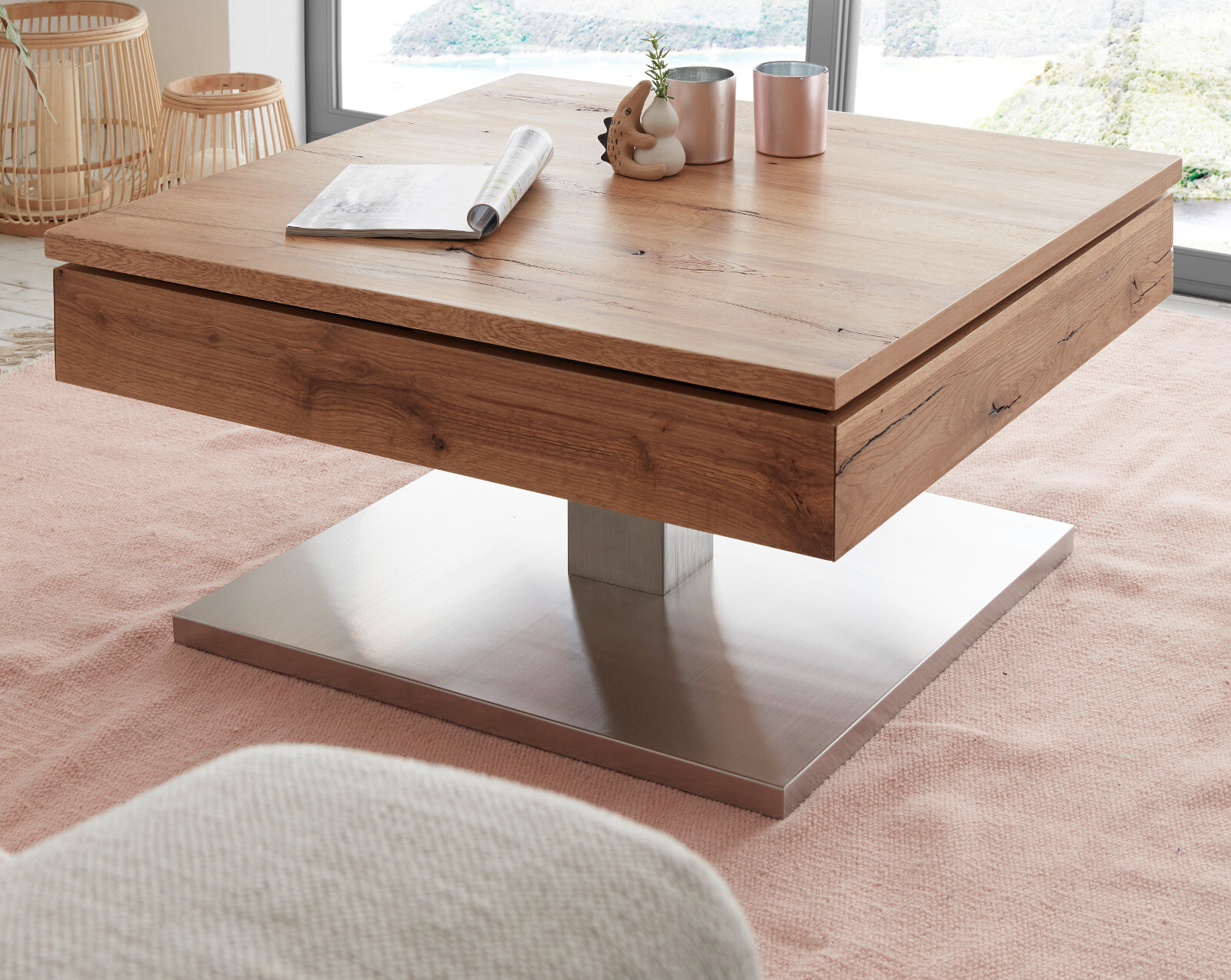 couchtisch wohnzimmer tisch drehbar stauraum eiche edelstahl