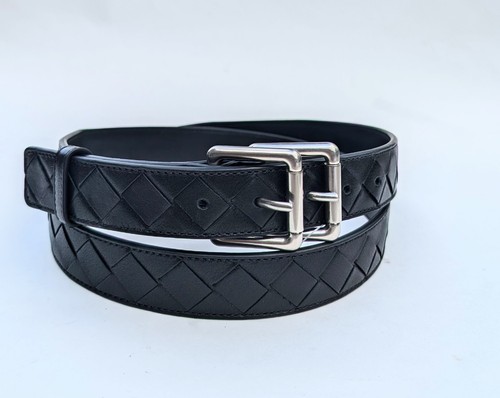 Bottega Veneta Intrecciato Black Leather Double Buckle Belt